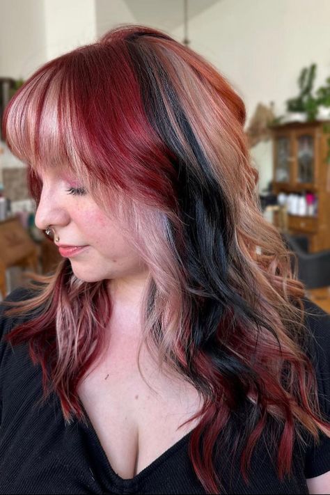 Embrace the Trend: Cherry Red Hair Inspiration Fall Hair Split Dye, Fun Hair Colors That Are Professional, Cool Red Hair Dye Ideas, Red Ends Hair, Muted Red Hair, Hairstyle Black Hair, Jayne Matthews, Cats Calico, Black Hair Types