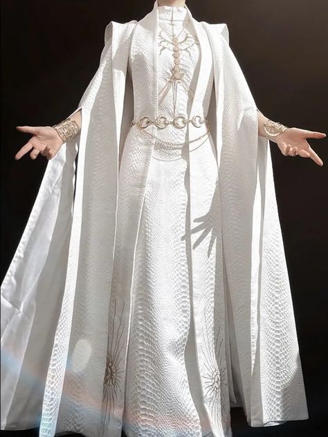 Fantasy Clothing White, Cloak Pose Reference, White Outfits Formal, Priest Outfit Aesthetic, Fantasy Priestess Outfit, Dnd Fancy Clothes, Cloak Designs Art, Ghost Inspired Outfit, Priest Outfit Design