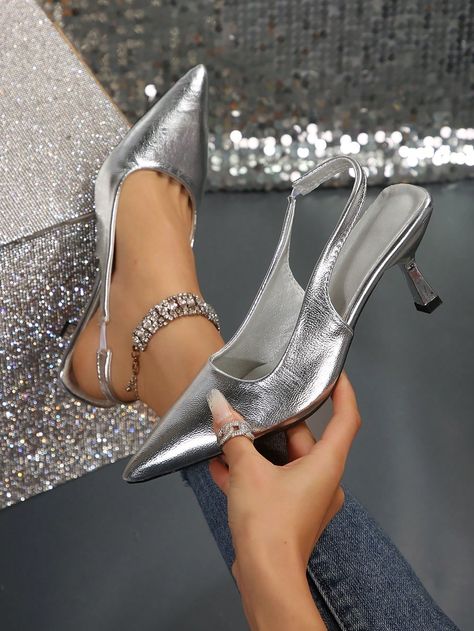 Silver Punk Collar   Plain Slingbacks Embellished   Women Shoes Stiletto Heels Sandals, Style Punk, Prom Shoes, Slingbacks, Silver Heels, Fashion High Heels, Heels Sandals, Sandals For Women, Maternity Bag