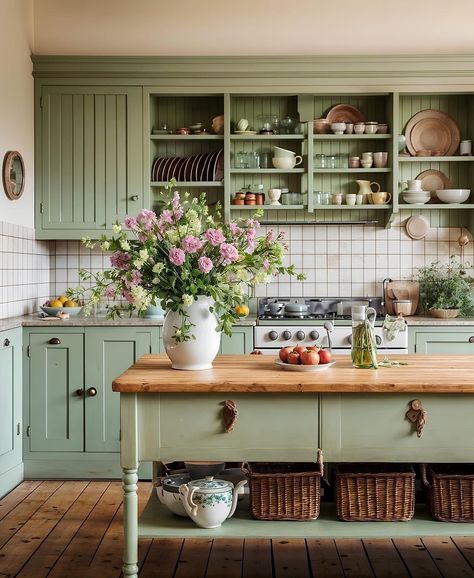 Cottage Core Kitchen Inspiration, Green Country Kitchen, Green Farmhouse, Green Kitchen Designs, Sage Green Kitchen, Green Kitchen Cabinets, Victorian Kitchen, Eclectic Kitchen, Dream Kitchens