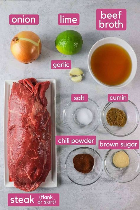 Instant Pot Carne Asada Ingredients. Shredded Beef Roast, Carne Asada Marinade Easy, Instant Pot Carne Asada, Machaca Beef, Carne Asada Recipes, Mexican Shredded Beef, Skirt Steak Recipes, Tacos Burritos, Beef Roast