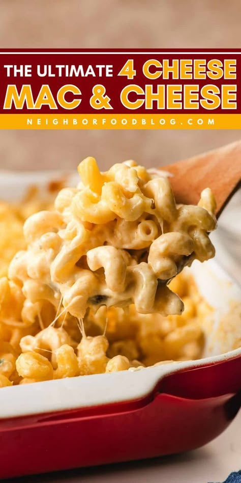 This 4 Cheese Mac and Cheese uses a rich homemade cream sauce packed with four cheeses for maximum flavor and creaminess! We bake it all under a blanket of MORE shredded cheese for the ultimate mac and cheese recipe. 4cheese Mac And Cheese, Mac & Cheese With Cream Cheese, Burnt Ends Mac And Cheese, Baked Mac And Cheese Recipe With Cream Cheese, Mac And Cheese With Cream Cheese, 5 Cheese Mac And Cheese Recipe, Four Cheese Macaroni And Cheese, 4 Cheese Mac And Cheese, Bbq Mac And Cheese Recipe