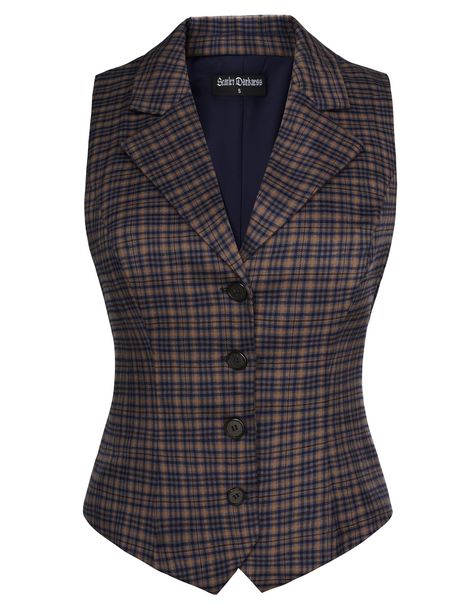 PRICES MAY VARY. CLASSIC PLAID FABRIC - This waistcoat vest features a timeless plaid pattern that adds a touch of sophistication to any outfit, making it perfect for your wardrobe ADJUSTABLE BACK WAIST - Designed with an adjustable waist clasp at the back, this womens vest allows you to create a flattering silhouette to ensure a perfect fit OTHER DESIGNS - The elegant V neck and lapel collar design give this vest top a refined look, while the sleeveless design and button-down front make this bl Tailored Vest For Women, Victorian Vest Women, Ladies Waistcoat Outfit, Women’s Vest Pattern, 1940 Fashion Women 40s Style, V Neck Vest Outfit, 1940 Fashion Women, Ivy League Style Women, Outfits With Vests For Women