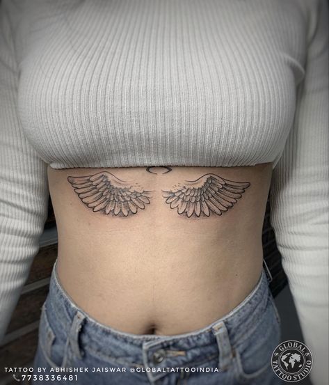 Wings On Stomach Tattoo, Wings Rib Tattoo, Wings Sternum Tattoo, Angle Wing Tattoos, Antique Tattoo, Rib Tattoos For Women, Belly Tattoo, Underboob Tattoo, Angel Wings Tattoo