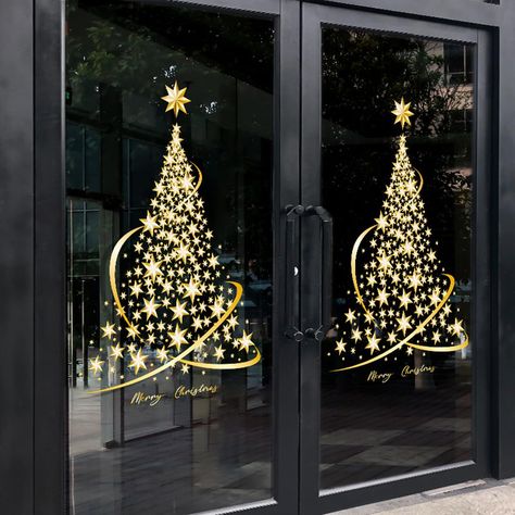 Diy Window Clings, Christmas Tree Window, Glass Storm Doors, Christmas Window Stickers, Diy Wand, Door Murals, Glass Decals, Tree Stickers, Gold Christmas Tree