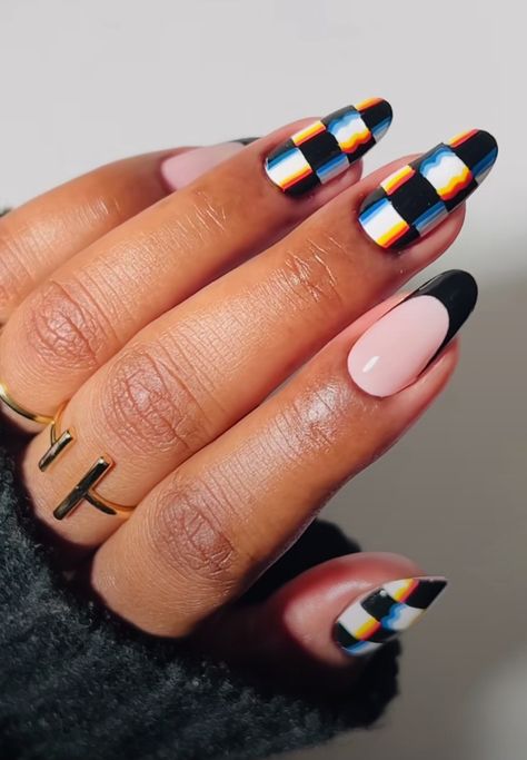 Funky Engagement Nails, High Contrast Nails, Retro Nail Art Design, Punk Rock Nail Art, Music Fest Nails, 1988 Nails, Summer Edgy Nails, Almond Acrylic Nails Designs Edgy, Cmyk Nails