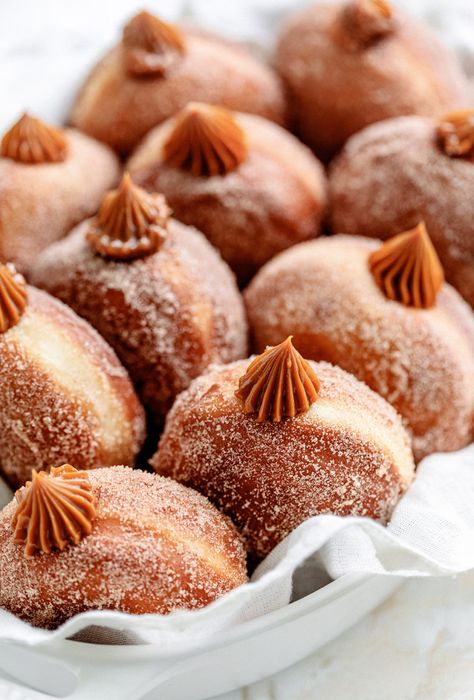 Dulce De Leche Filled Churro Donuts - Yoga of Cooking Churro Donuts, Donut Filling, Making Donuts, Homemade Doughnuts, Fried Donuts, Filled Donuts, Homemade Donuts, Chocolate Caliente, Baked Donuts