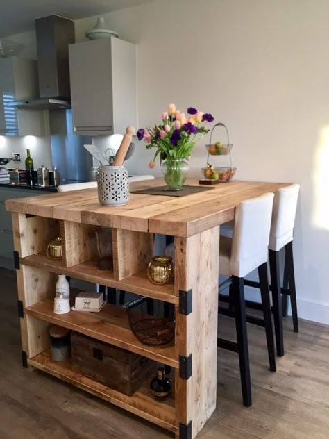 Meja Industrial, Small Kitchen Island Ideas, Industrial Kitchen Island, Industrial Kitchen Design, Rustic Kitchen Island, Small Kitchen Island, Wood Kitchen Island, Small Kitchen Decor, Industrial Interior Design