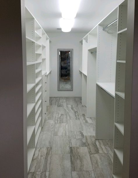 Narrow Master Closet, Walk In Closet Organization Diy, Long Narrow Closet, Narrow Walk In Closet, Walk In Closet Inspiration, Walk In Closet Organization, Transitional Closet, Mirrored Cabinet Doors, Narrow Closet