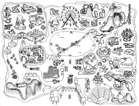 Theme park map for my new romantic YA ghost story, Ride of Your Life. It's about two teenage ghosts who meet and fall in love in a fictional theme park. Amusement Park Map Design, Theme Park Sketch, Theme Park Map Illustration, Theme Park Layout Plan, Theme Park Map Design, Theme Park Drawing, Theme Park Layout, Amusement Park Layout, Theme Park Tycoon 2 Ideas