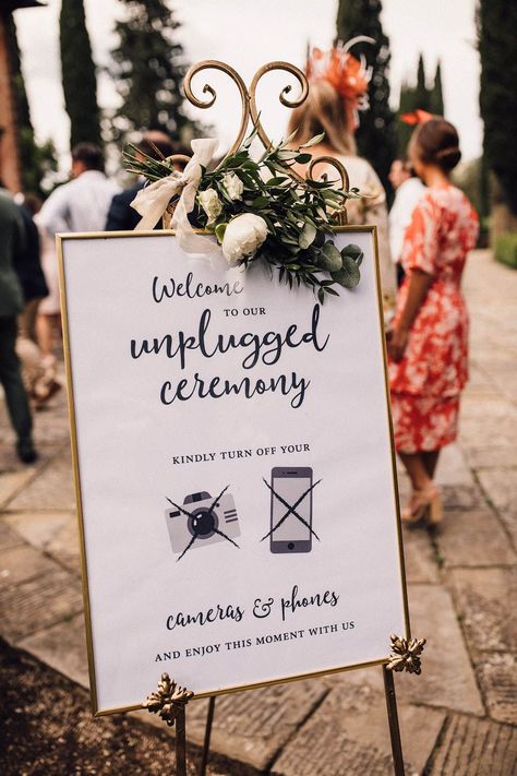 White and gold unplugged ceremony wedding sign with floral decorations Creative Wedding Sign, Unplugged Wedding Sign, Unplugged Ceremony, Wedding Ceremony Signs, Unplugged Wedding, Ceremony Signs, Wedding Welcome Signs, Wedding Images, Wedding Reception Decorations