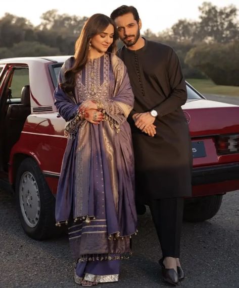 Eid Pics, Wahaj Ali, Eid Outfit, Indian Designer Suits, Bridal Jewelry Vintage, Cute Couple Outfits, Dusty Purple, Couple Photography Poses, Couple Outfits