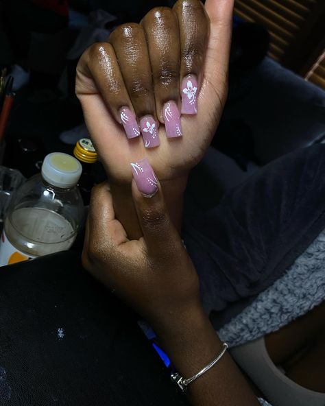 Pink nails with hibiscus flower 🌸 #nailsnailsnails #nails #explorepage✨ #brocktonnailtech Hibiscus Nail Design, Nails With Hibiscus Flower, Nails With Hibiscus, Solid Colour Nails, Solid Color Nails, Nails Square, Hibiscus Flower, Hibiscus Flowers, Solid Colour