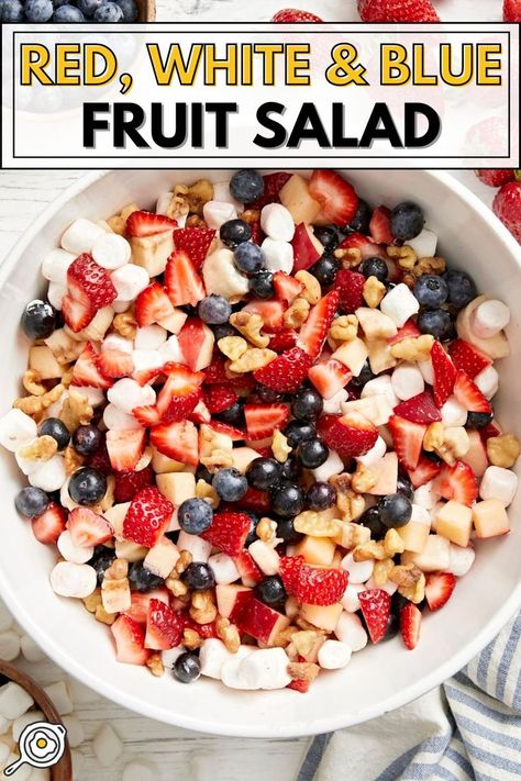 overhead photo of red, white and blue fruit salad in a white serving bowl with recipe title block at the top. Fourth Of July Fruit Salad, Red White And Blue Fruit Salad, Red White And Blue Fruit, Simple Family Meals, Meal Prep Snacks, Blue Fruit, Side Dishes For Bbq, Favorite Recipes Dinner, Blue Fruits