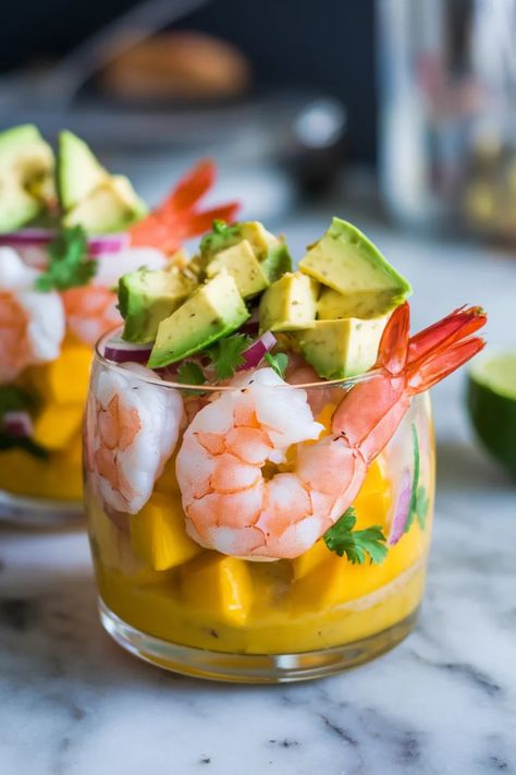 A photo of a  Mango Shrimp Cocktail a Shrimp Cocktail recipes Best Prawn Cocktail, Prawn Cocktail Presentation, Shrimp Cocktail Presentation, Shrimp Cocktail Recipes, Avocado Cocktail, Recipes For Shrimp, Shrimp Cocktail Recipe, Cocktail Shrimp, Shrimp Cocktails