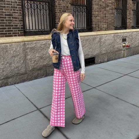 will be in this vest all season long @sezane #sezanelovers 💐 outfit: https://liketk.it/4ASfy 🏷️ outfit ideas, outfit inspo, outfit inspiration, spring outfit ideas, gingham pants, plaid pants, denim vest, spring style, spring outfit, spring colors, colorful outfit, colorful style, pink outfit, Pinterest girl, Pinterest aesthetic Pink Gingham Pants Outfit, Spring High Waist Gingham Pants, Pink Gingham Outfit, Pink Checkered Pants, Gingham Pants Outfit, Gingham Ankle-length Spring Pants, Slim Pants Outfit, Gingham Pants, Colorful Outfit