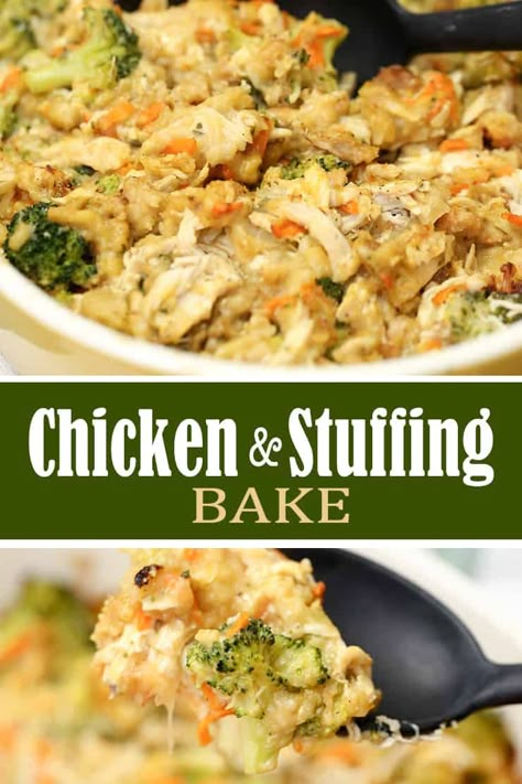 This Chicken Stuffing Bake recipe is a hassle-free 45 minute meal. With chicken, stuffing, broccoli and a few other simple ingredients - it's so comforting. #chickenstuffing #stuffingrecipe #casserole #chickenbake Chicken And Stuffing Bake, Chicken Stuffing Bake, Meal With Chicken, Stuffing Bake, Chicken And Stuffing, Chicken Stuffing, Holiday Leftovers, Sauces Recipes, Stuffing Casserole