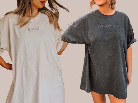 "FREE SHIPPING IN THE US!  No order minimum!  Comfort Colors, Bridesmaid Shirt, Bridesmaid Shirts, Bridesmaid Tshirt, Bridesmaid Shirts getting Ready, Bridesmaid Getting Ready Shirt For matching 'MAID OF HONOR' shirt, visit: https://www.etsy.com/listing/1285577687/comfort-colors-minimalist-maid-of-honor?ref=listings_manager_grid ♥ The SHIRT  * This is a Comfort Colors 1717 shirt.  * This unisex fit t-shirt is intended to be loose/oversized for women to give a chic and laid back vibe. If you want the tee to be more fitted, we would recommend sizing down.   * If you are looking for an oversized \"T-shirt Dress\" look, we recommend sizing up 1 or 2 sizes  * Detailed sizing information can be found in the size chart in the photos.  * Printed in the USA ♥ CARE  ＊Machine wash cold, inside-out, g Bridesmaids Getting Ready Sweats, Bridesmaid Getting Ready Tshirt, Oversized Bridesmaid Shirts, Bridal Getting Ready Outfit Fall, Bridesmaid Tee Shirts, Bridesmaid Shirts Getting Ready, Bridal Shower Outfits For Bridesmaid, Bridesmaids Shirts Ideas, Getting Ready Bridesmaids Outfit