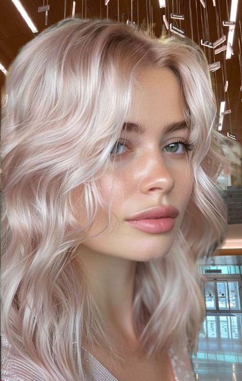 Platinum Pink Blonde Hair, Blonde With Pink Tone, Peach Platinum Hair, Pink Platinum Blonde Hair, Platinum Blonde With Pink Underneath, Pearl Pink Hair, Platinum Blonde Hair Color Ideas For Summer, Pale Pink Hair Blonde, Pink Platinum Hair