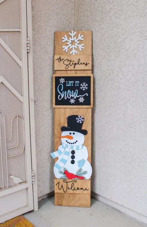 Interchangeable Porch Sign, Snowman Signs Wooden, Winter Porch Signs, Christmas Porch Signs, Winter Welcome Sign, Winter Porch Decor, Porch Leaners, Wood Front Door, Glow Forge