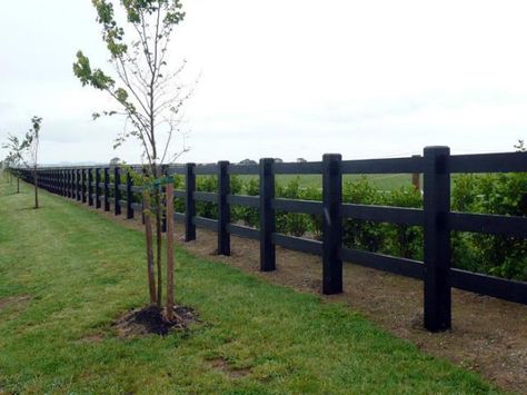 Examples of completed rail & post fencing — Beams & Timber, NZ Black 3 Rail Wood Fence, Black Ranch Fence, Fence Ideas Nz, Property Fence, Animal Fencing, Corrugated Metal Fence, Driveway Fence, Post And Rail Fence, Ranch Fencing