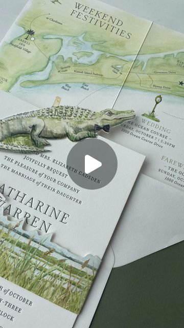 Studio R on Instagram: "🐊 🎀 It's the gator's bow tie for us... 

Kate and Nolan's wedding invitations have several fun details, from their custom watercolor map of Kiawah Island, to their alligator shaped rehearsal dinner insert, to their grassy marsh belly and holding it all together. 

💬 Tell us: which piece is your favorite?!

#kiawahisland #weddinginvitations #watercolorwedding #uniqueweddinginvites #alligator #beachwedding #weddinginspo #brides #wedding #weddingideas #engaged" Savannah Wedding Invitations, Captiva Island Wedding, Kiawah Island Wedding, Antelope Island Bridals, Kiawah Island Ocean Course Wedding, Pattoo Castle Jamaica Wedding, Captiva Island, Kiawah Island, Watercolor Map