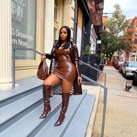 ShamzCloset shared a photo on Instagram: “Our Website is now LIVE!!!! GO SHOP THIS LOOK💃🏽💃🏽🍾🎉” • See 4 photos and videos on their profile. Brown Leather Dress Outfit, Faux Leather Dress Outfit, Leather Dress Outfit Night, Fall Leather Dress, Brown Dresses Outfit, Leather Dress Outfit, Brown Leather Dress, Black Femininity, Brown Outfit