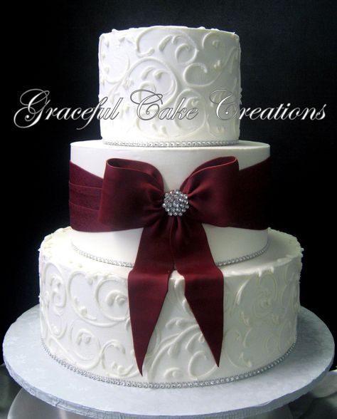 https://flic.kr/p/ZVjufu | Elegant White Butter Cream Wedding Cake with a Burgundy Sash & Bow accented with Bling Butter Cream Wedding Cake, Cream Wedding Cake, Cream Wedding Cakes, Burgundy Wedding Cake, Ivory Wedding Cake, Wedding Cakes Elegant, Lace Wedding Cake, Romantic Wedding Cake, Amazing Wedding Cakes