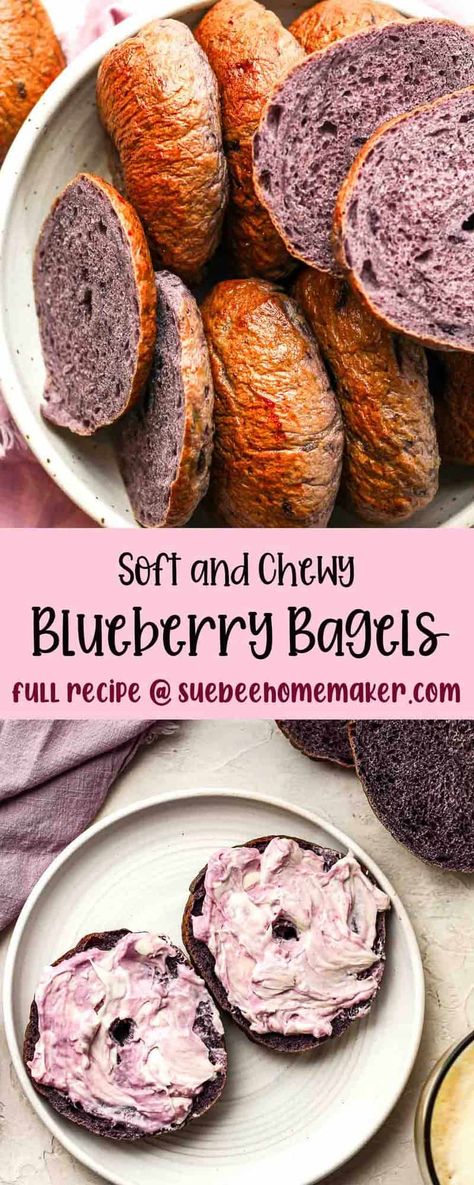 Try something new for breakfast with our Soft and Chewy Blueberry Bagels made from six simple ingredients! Use fresh or frozen blueberries and enjoy these thick and chewy bagels for days. You can even freeze them for later! Frozen Blueberry Recipes, Blueberry Bagels, Lemon Pancakes, Blueberry Bagel, Bagel Bread, Sourdough Bagels, Blueberry Juice, Breakfast Routine, Homemade Bagels