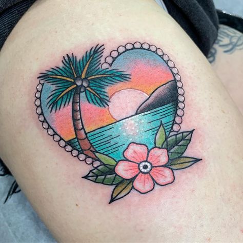 Tropical Beach Heart Tattoo | Tattoo Ideas and Inspiration Palm Tree And Seashell Tattoo, Sunset Beach Tattoo, Tropical Beach Tattoo, Heart Beach Tattoo, Traditional Tattoo Heart, Palm Tree And Surfboard Tattoo, Pineapple Beach Tattoo, Beach Tattoo Ideas, Heart Sunset