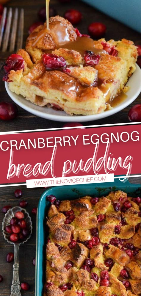 Kick off the holidays with Cranberry Eggnog Bread Pudding! This recipe is super easy to make, mixing little pops of cranberries with rich egg pudding. A generous pour of buttery rum sauce takes this dessert to the next level! Perfect for your Thanksgiving menu! Eggnog Cinnamon Roll Casserole, Mimosa Christmas, Eggnog Cinnamon Rolls, Eggnog Custard, Cinnamon Roll Bread Pudding, Eggnog Bread Pudding, Eggnog Bread, Rum Sauce, Bread Puddings