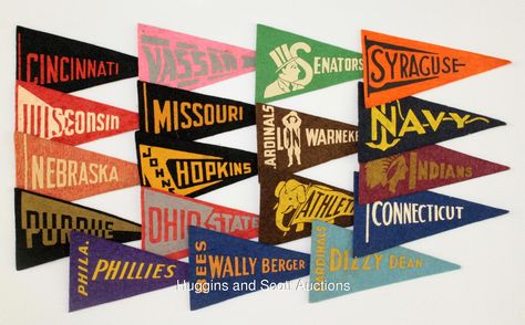 Vintage felt pennants  Oxford Pennant Custom - United By Blue  #USA #madeinUSA #americanproduct #americanmade #oxfordpennant #buffalo #americandesign #vintage #homedecor #homedecorideas #walldecor #giftidea #inspirational #homegoods #pennant #feltpennant #interiordesign #americana #vacation #vacationideas #sports #traveling #schoolspirit #visualmerchandising #decoration #detail Sports Pennants, Pennant Design, Vintage Pennants, College Pennants, Baseball Pennants, Trophy Shop, Oxford Pennant, Triangle Flag, Felt Flag