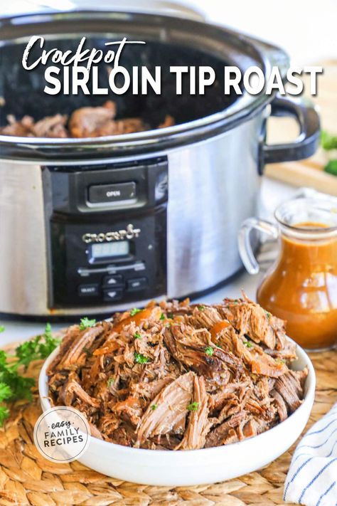 This Crockpot Sirloin Tip Roast is a FAVORITE, whether it’s for a Sunday night dinner or a busy weeknight. The slow cooker makes it easy to transform inexpensive sirloin tip roast into a fall apart tender, juicy cut of beef—you’re not going to believe how flavorful it is! Use the juices from the crockpot to make perfect savory gravy or just serve the roast with au jus for dipping. This is a slow cooker dinner your whole family will love! Slow Cooker Top Sirloin Roast, Sirloin Tip Roast Oven Slow Cooker, Top Sirloin Roast Recipes Crock Pot, Sirloin Tip Roast Crock Pot Slow Cooker, Sirloin Roast Crock Pot, Crockpot Sirloin Tip Roast, Sirloin Tip Roast Crock Pot, Roast With Au Jus, Slow Cooker Beef Roast