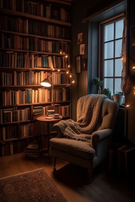 Cozy Bookshelf Living Room, Round Chair Reading Corner, Reading Nook Room Ideas, Attic Room Ideas Cozy Spaces Reading Nooks, Reading Corner Moody, Chairs In Front Of Bookshelves, Cozy Reading Corners Nook, Small Home Library Room Cozy, Spooky Reading Nook