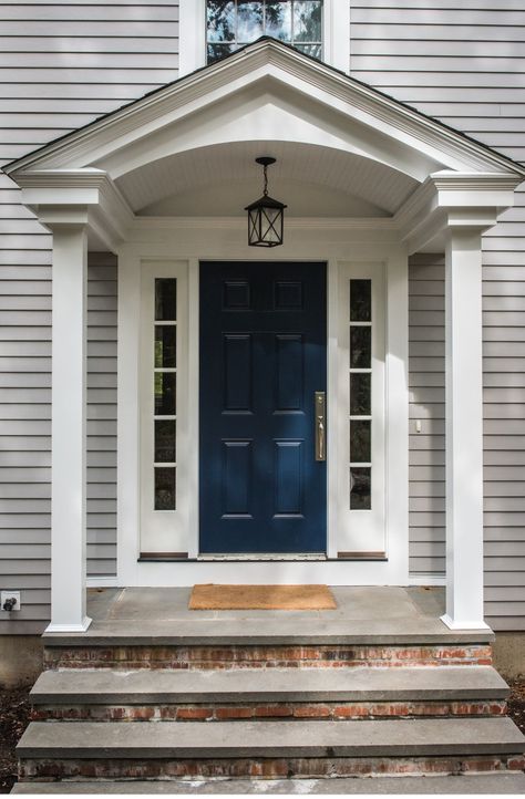 Best Exterior House Paint Colors, Navy Blue Front Door, Easy Curb Appeal, Colonial Front Door, Portico Entry, Vault Ceiling, Front Door Overhang, Exterior House Paint Colors, Barrel Vault