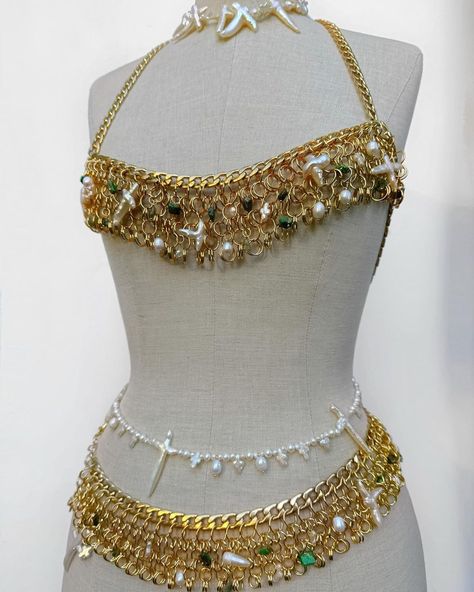 Grete Henriette | Gold Plated Chainmail Bra & Belt Natural Quartz, Imperial Jasper Crystal and Fresh Water Pearl embellishments | Instagram Gold Bra, Bead Bra, Crystal Bra, Chain Bra, Imperial Jasper, Dope Jewelry, Stage Costume, Fresh Water Pearl, Clothing Websites