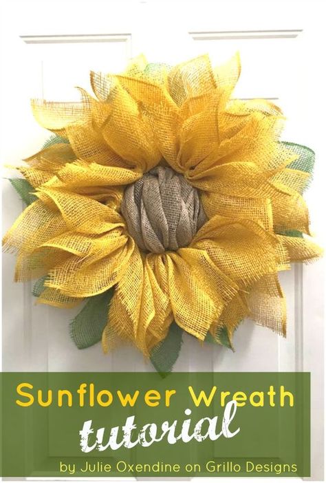 Burlap Pumpkin Wreath, Sunflower Burlap Wreaths, Burlap Flower Wreaths, Burlap Pumpkins, Sunflower Crafts, Wreath Sunflower, Mesh Wreath Tutorial, Mesh Wreath Diy, Sunflower Wreath