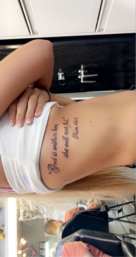 Psalms Tattoos For Women, Lion Of God Tattoo For Women, Unique Scripture Tattoos, Tattoo Ideas Female Meaningful Ribs, Psalms Quotes Tattoos, Psalms 23 Tattoos For Women, She Will Not Fail God Is Within Her Tatto, 46:5 Psalm Tattoo, Psalm 91 Tattoos For Women