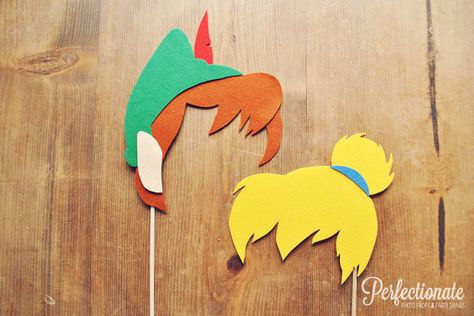 Disney Photo Booth Props — JaMonkey - Atlanta Mom Blogger | Parenting & Lifestyle Peter Pan Wedding, Princess Photo Props, Clown Photos, Peter Pans, Peter Pan Party, Birthday Party Props, Pan Photo, Peter Pan And Tinkerbell, Tinkerbell Party