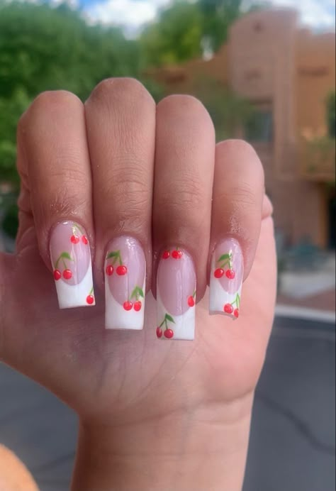 Nail Art Designs Summer Holiday, Coffin Cherry Nails, French Tip Summer Nails Designs, Cherry Acrylic Nails Square, Acrylic Nail Designs Cherry, Cherry Theme Nails, Cherry Hearts Nails, Cherry Biab Nails, Cherry French Tip Nails Square