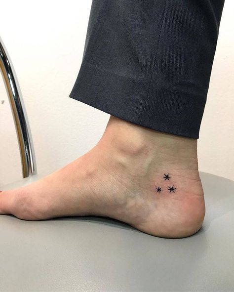 Three stars tattoo on the right inner ankle Harry Potter Star Tattoo, Nautical Star Tattoos, Small Foot Tattoos, Small Star Tattoos, Tiny Tattoos For Women, Tattoo Foot, Bookish Tattoos, Stars Tattoo, Virgo Constellation