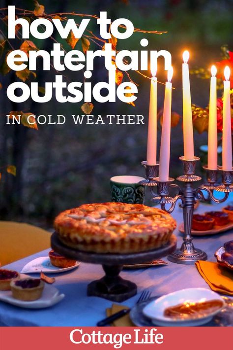 Want to host a backyard party in the cool weather? Here is everything you need to entertain outside. #entertain #fall #fallpicnic #outdoorparty #backyardparty #homedecor #CottageLife Backyard Winter Party Ideas, Fall Outdoor Gathering Ideas, Backyard Thanksgiving Dinner, Winter Patio Ideas Cold Weather, Fall Outdoor Dinner Party, Backyard Dinner Party Ideas, Winter Outdoor Party, Fall Backyard Party, Outside Thanksgiving