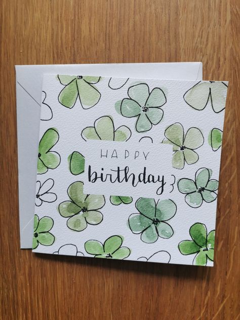 Green Birthday Card Ideas, Pretty Homemade Birthday Cards, Easy Bday Cards Diy, Watercolour Cards For Men, Happy Birthday Design Ideas, Flowers Card, Watercolor Happy Birthday, Watercolor Bday Cards, Cute Watercolor Cards