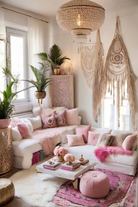 Indulge in boho glamour with chic decor tips for a girly apartment in 2024. Elevate your space with a touch of boho bliss in this daily interior designer routine. #Ad #homedecor #homedesign #trendgirlApartment #Painthome #interiorarchitecture Wall Colors Green Room Colors Bright Room Colors Apartment Renovation Home Remodeling Modern Paint Colors 2024 Feminine Boho Living Room, Girly Boho Living Room, Pink Boho Living Room, Pink Boho Decor, Girly Living Room Ideas, Girly Apartment Ideas, Green Room Colors, Girly Living Room, Paint Colors 2024