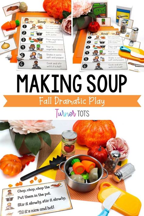 Let your pretend play kitchen area come to life this fall with this simple soup activity. This fall dramatic play idea lets your preschoolers pretend to make soup by following the recipe. It includes labels for the dramatic play area to expose your little ones to print. Click to add this easy to prep dramatic play idea for the fall to your lesson plans. Fall Kitchen Dramatic Play, Fall Pretend Play, Baking Dramatic Play, Pie Stand Dramatic Play, Montessori Dramatic Play, Pumpkin Soup Preschool Activities, Fall Themed Dramatic Play, November Dramatic Play Ideas, November Dramatic Play Center