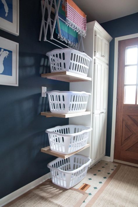 Laundry Room Decor Diy, Laundry Room Storage Shelves, Laundry Basket Storage, Small Laundry Room Organization, Room Storage Diy, Laundry Room Doors, Laundry Room Shelves, Laundry Room Diy, Diy Laundry