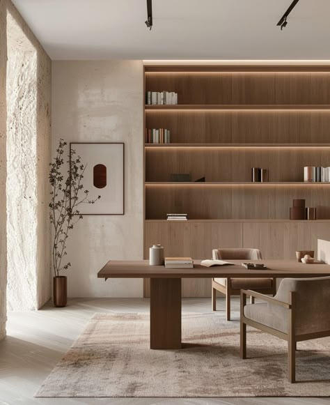 Therapy Office Interior Design, Japandi Home Office, Productive Home Office, Minimalist Home Office, Office Shelving, Japandi Home, Warm Wood Tones, Office Nook, Minimalist Office