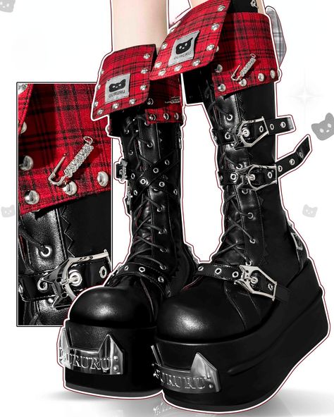 Red plaid trim black kitty punk fashion platform boots! 🐈 Search “GURU-144” on devilinspired.com to shop, Price: $77 #platforms #boots #punkboots Red Punk Outfits, Louise Core, Knight Fashion, Punk Platform Boots, Diy Boots, Anime Game Character, Original Y2k, Shoe References, Funky Boots