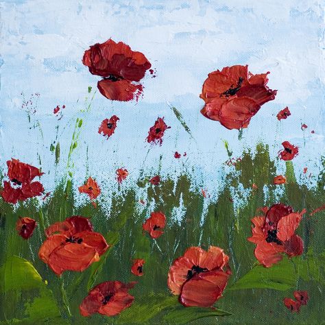 SOLD ”Remember Me” 10 x 10 Poppy Field – Acrylic Painting on Canvas Paint Poppies, Alberta Landscape, Melissa Mckinnon, Paintings Green, Poppy Flower Painting, Sky Paintings, Simple Oil Painting, Painting Flowers Tutorial, Tree Paintings