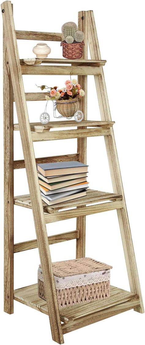 Babion 4 Tier Ladder Shelf, Industrial Leaning Bookshelves Ladder Bookcase Wooden Shelf with Stable Frame Plant Stand Storage Rack Shelf for Home Black, Bedroom, Kitchen -Light Brown Foldable Ladder, Leaning Bookshelf, Wooden Ladder Shelf, Home Bedroom Office, Framed Plants, Ladder Bookshelf, Wood Bedroom Furniture, Wooden Ladder, Wall Bookshelves